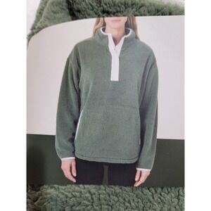 Como Vintage Sherpa Pullover Womens L/XL Green New Mock Neck Snap Fleece Pocket